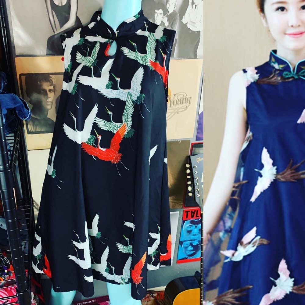 Vintage Asian Crane Black Dress Size 10 12